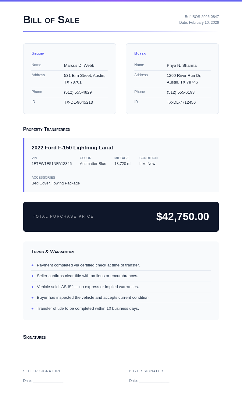 Bold Contemporary Bill Of Sale